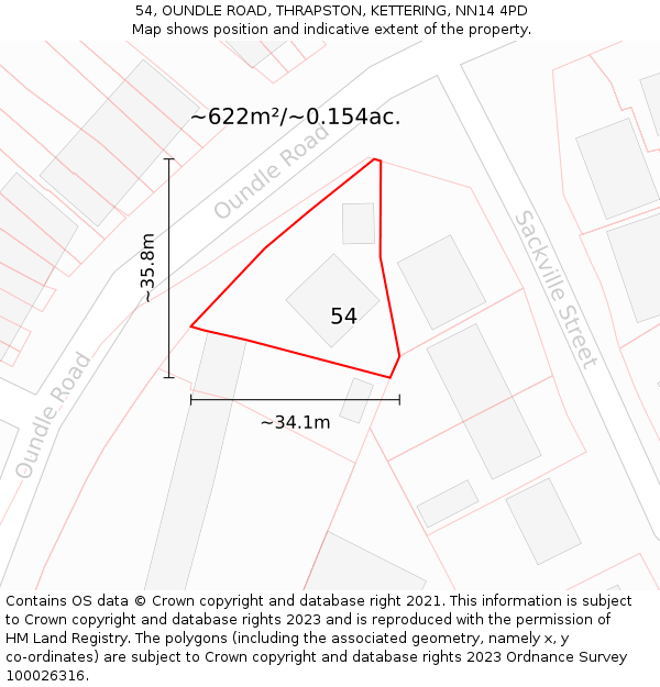 54, OUNDLE ROAD, THRAPSTON, KETTERING, NN14 4PD: Plot and title map