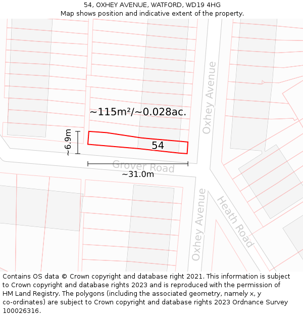 54, OXHEY AVENUE, WATFORD, WD19 4HG: Plot and title map