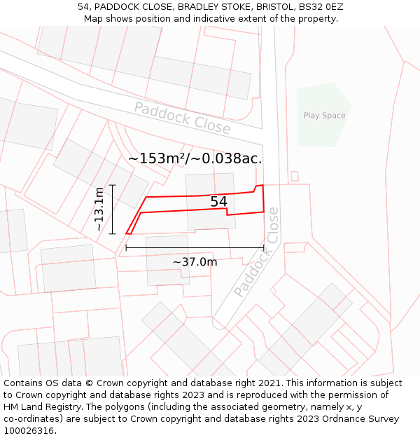 54, PADDOCK CLOSE, BRADLEY STOKE, BRISTOL, BS32 0EZ: Plot and title map
