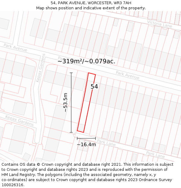 54, PARK AVENUE, WORCESTER, WR3 7AH: Plot and title map