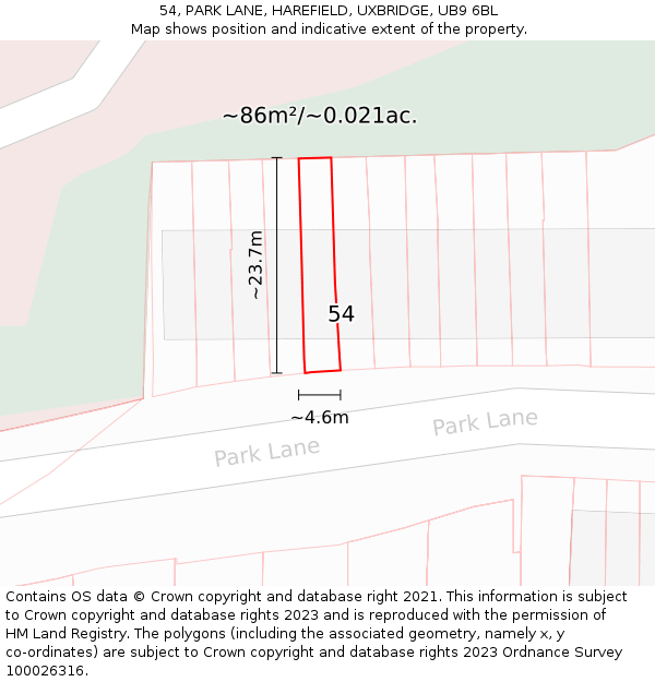 54, PARK LANE, HAREFIELD, UXBRIDGE, UB9 6BL: Plot and title map