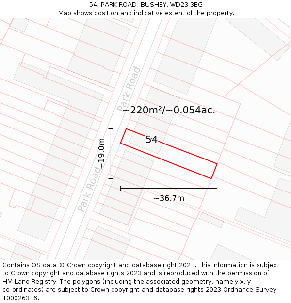 54, PARK ROAD, BUSHEY, WD23 3EG: Plot and title map