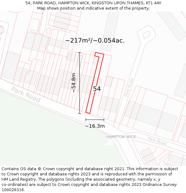 54, PARK ROAD, HAMPTON WICK, KINGSTON UPON THAMES, KT1 4AY: Plot and title map