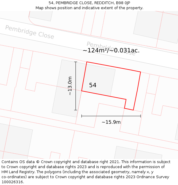 54, PEMBRIDGE CLOSE, REDDITCH, B98 0JP: Plot and title map