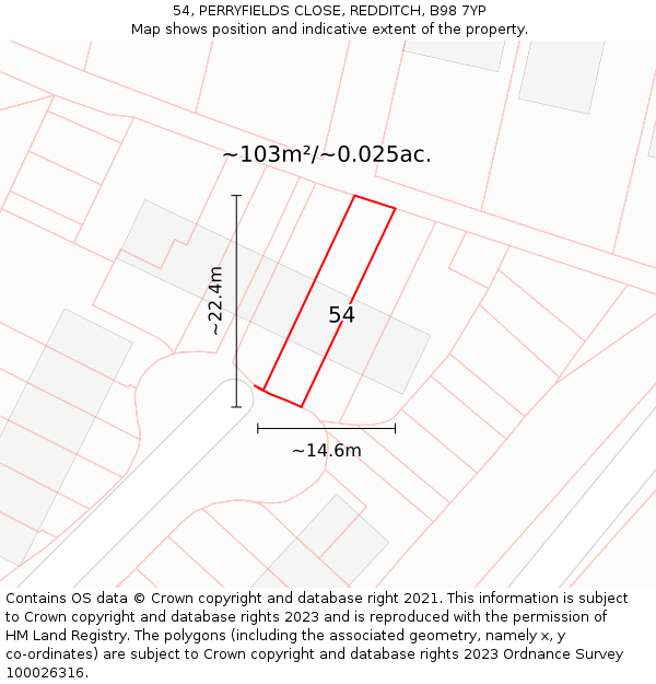 54, PERRYFIELDS CLOSE, REDDITCH, B98 7YP: Plot and title map
