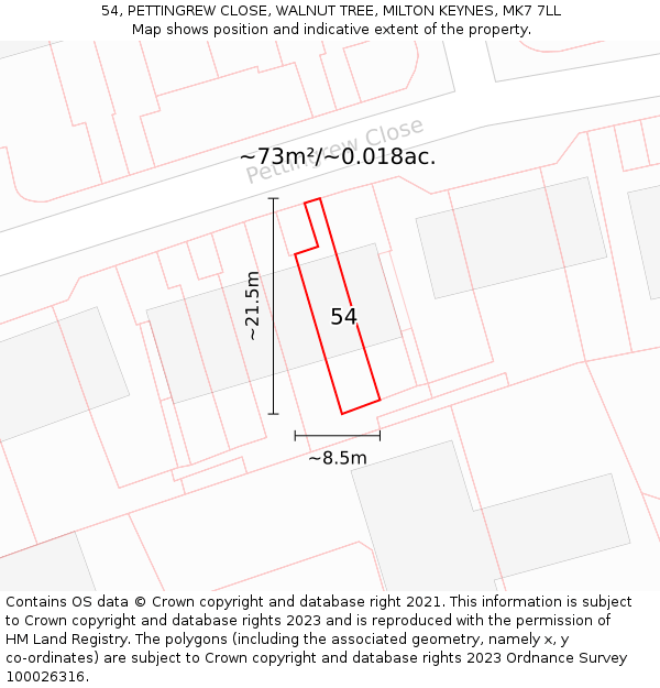 54, PETTINGREW CLOSE, WALNUT TREE, MILTON KEYNES, MK7 7LL: Plot and title map