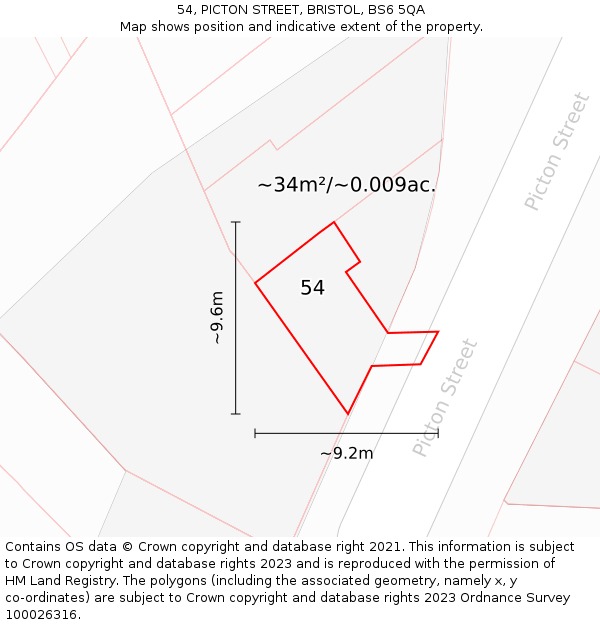 54, PICTON STREET, BRISTOL, BS6 5QA: Plot and title map