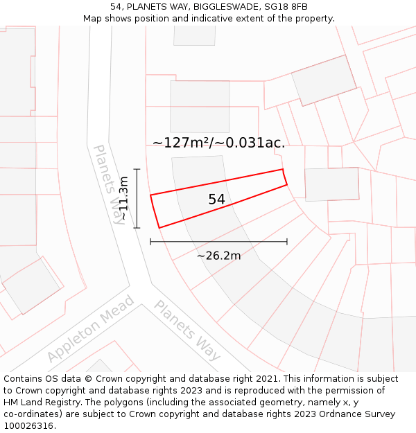 54, PLANETS WAY, BIGGLESWADE, SG18 8FB: Plot and title map