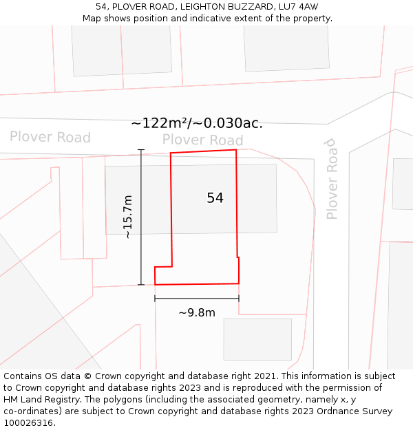 54, PLOVER ROAD, LEIGHTON BUZZARD, LU7 4AW: Plot and title map