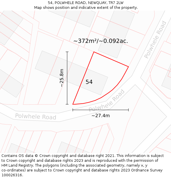 54, POLWHELE ROAD, NEWQUAY, TR7 2LW: Plot and title map