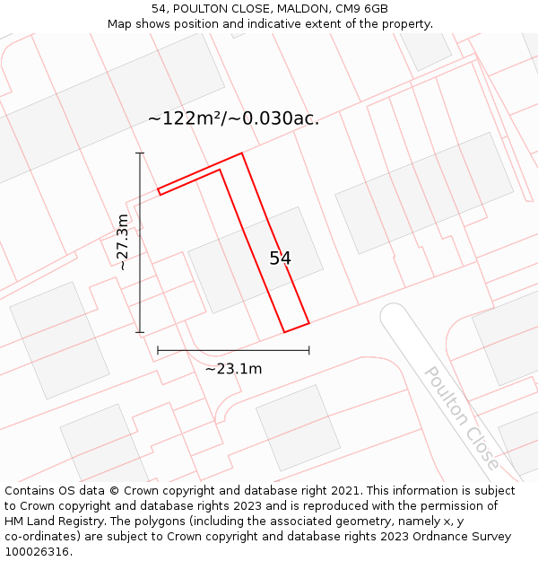 54, POULTON CLOSE, MALDON, CM9 6GB: Plot and title map