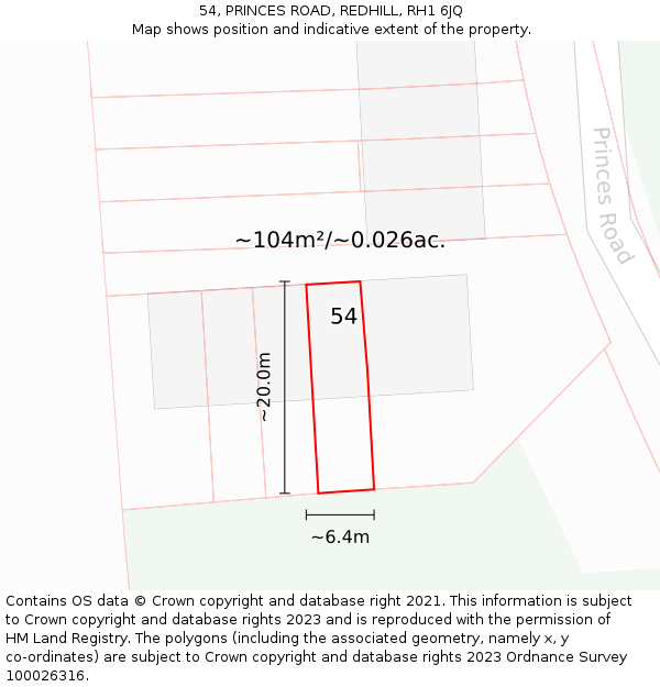 54, PRINCES ROAD, REDHILL, RH1 6JQ: Plot and title map