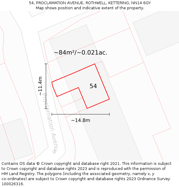 54, PROCLAMATION AVENUE, ROTHWELL, KETTERING, NN14 6GY: Plot and title map