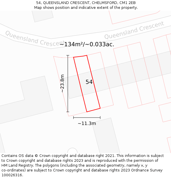 54, QUEENSLAND CRESCENT, CHELMSFORD, CM1 2EB: Plot and title map