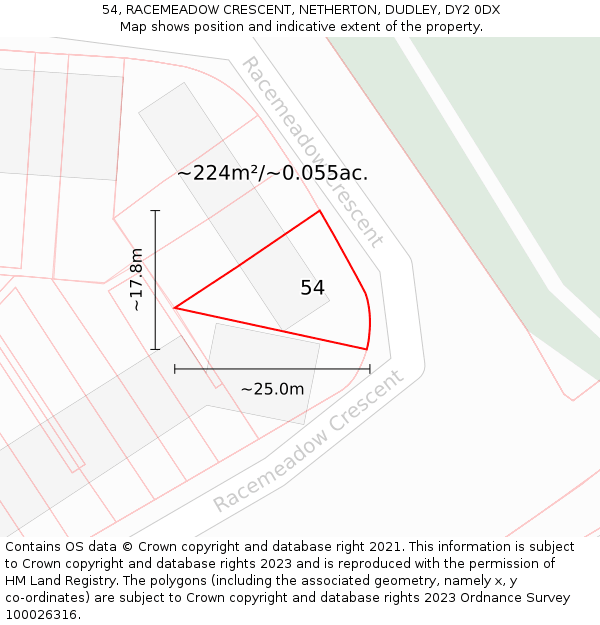 54, RACEMEADOW CRESCENT, NETHERTON, DUDLEY, DY2 0DX: Plot and title map