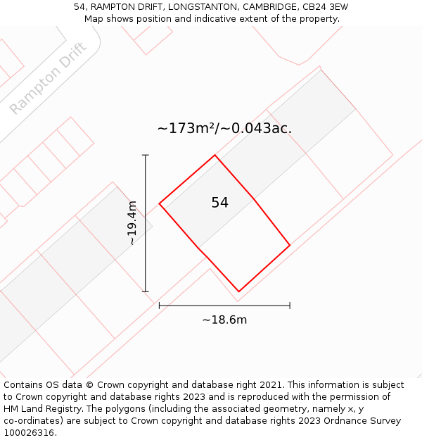 54, RAMPTON DRIFT, LONGSTANTON, CAMBRIDGE, CB24 3EW: Plot and title map
