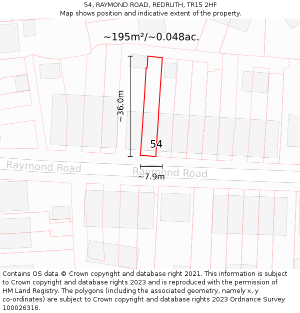54, RAYMOND ROAD, REDRUTH, TR15 2HF: Plot and title map
