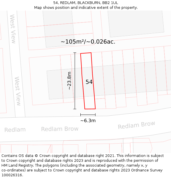 54, REDLAM, BLACKBURN, BB2 1UL: Plot and title map