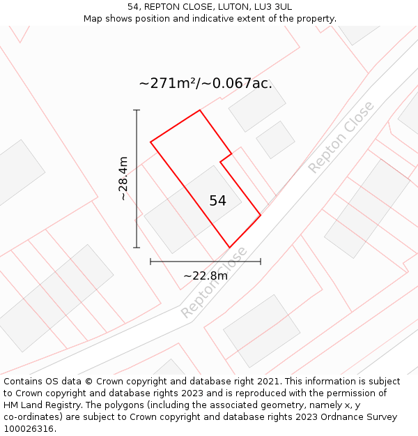 54, REPTON CLOSE, LUTON, LU3 3UL: Plot and title map