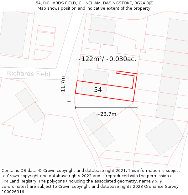 54, RICHARDS FIELD, CHINEHAM, BASINGSTOKE, RG24 8JZ: Plot and title map