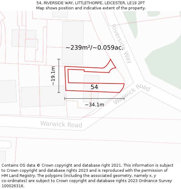 54, RIVERSIDE WAY, LITTLETHORPE, LEICESTER, LE19 2PT: Plot and title map