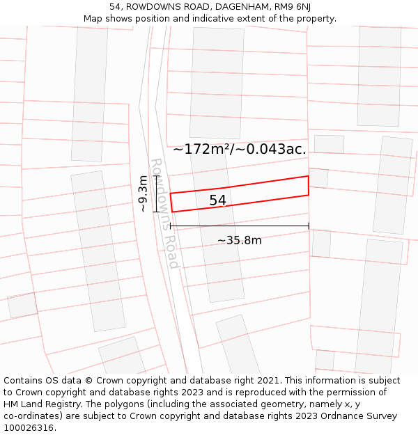 54, ROWDOWNS ROAD, DAGENHAM, RM9 6NJ: Plot and title map