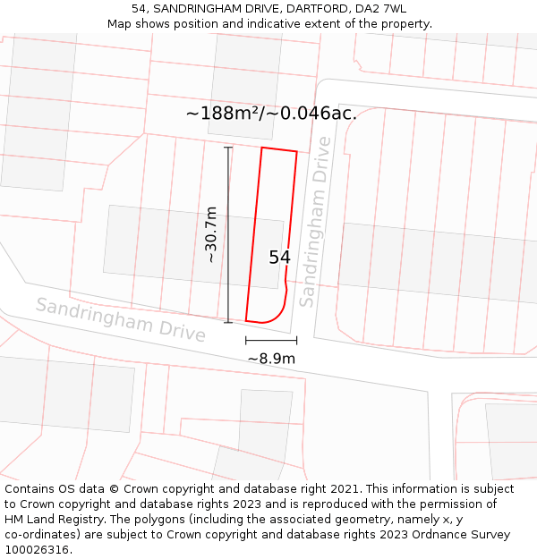 54, SANDRINGHAM DRIVE, DARTFORD, DA2 7WL: Plot and title map