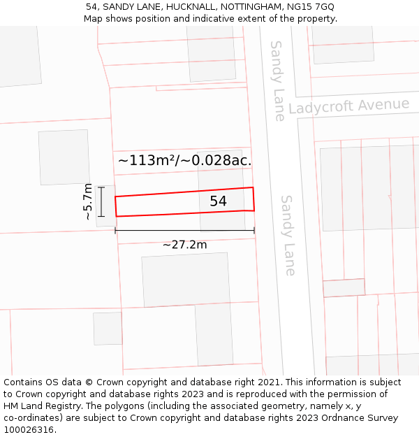 54, SANDY LANE, HUCKNALL, NOTTINGHAM, NG15 7GQ: Plot and title map