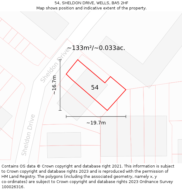 54, SHELDON DRIVE, WELLS, BA5 2HF: Plot and title map