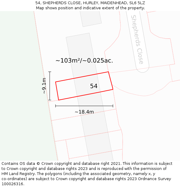 54, SHEPHERDS CLOSE, HURLEY, MAIDENHEAD, SL6 5LZ: Plot and title map