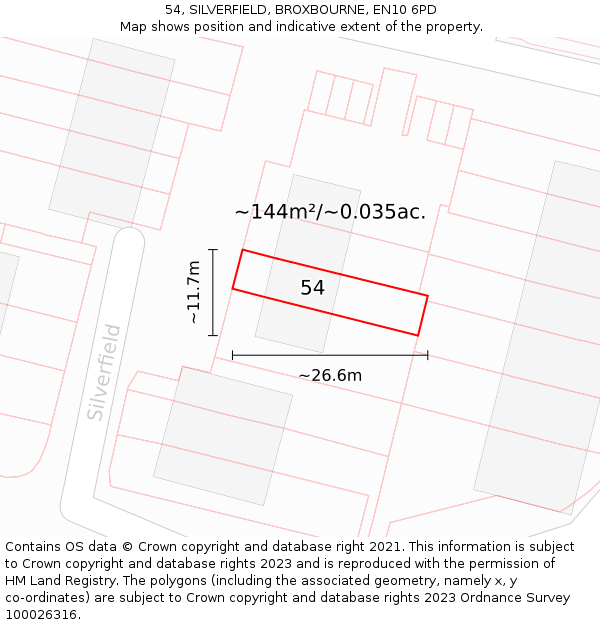 54, SILVERFIELD, BROXBOURNE, EN10 6PD: Plot and title map
