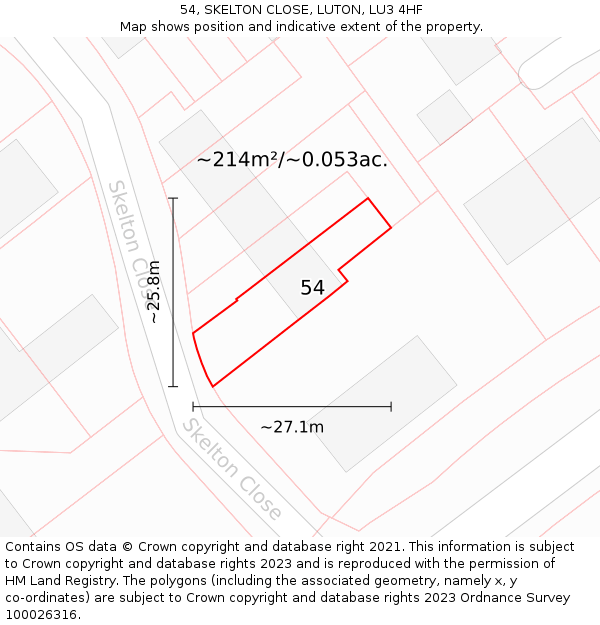 54, SKELTON CLOSE, LUTON, LU3 4HF: Plot and title map