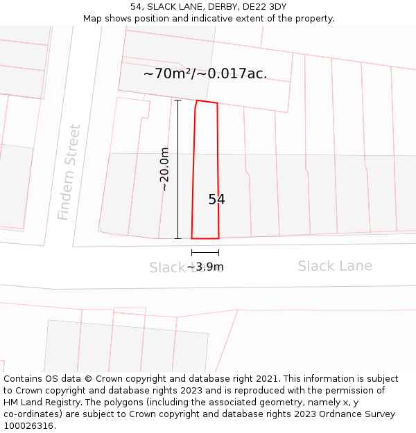 54, SLACK LANE, DERBY, DE22 3DY: Plot and title map