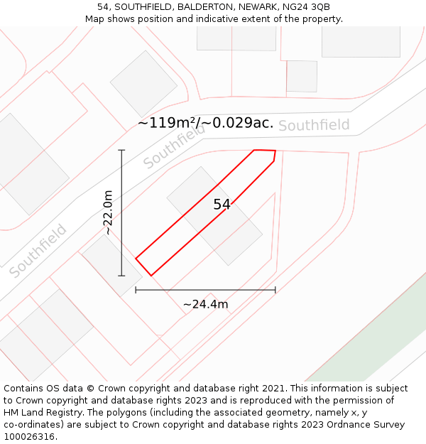 54, SOUTHFIELD, BALDERTON, NEWARK, NG24 3QB: Plot and title map