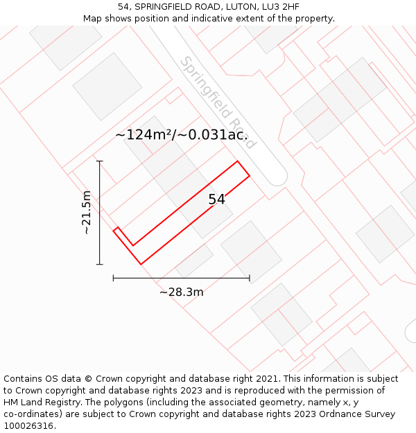 54, SPRINGFIELD ROAD, LUTON, LU3 2HF: Plot and title map