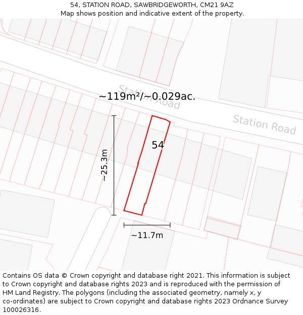 54, STATION ROAD, SAWBRIDGEWORTH, CM21 9AZ: Plot and title map