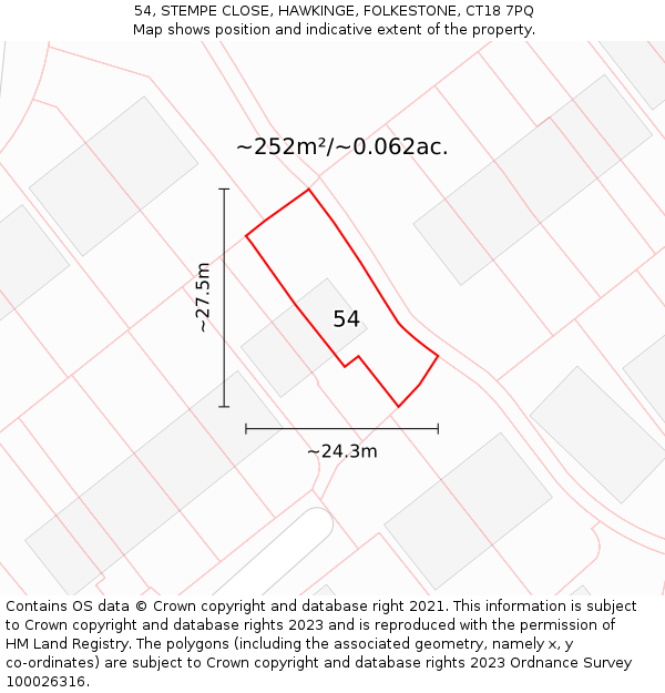 54, STEMPE CLOSE, HAWKINGE, FOLKESTONE, CT18 7PQ: Plot and title map