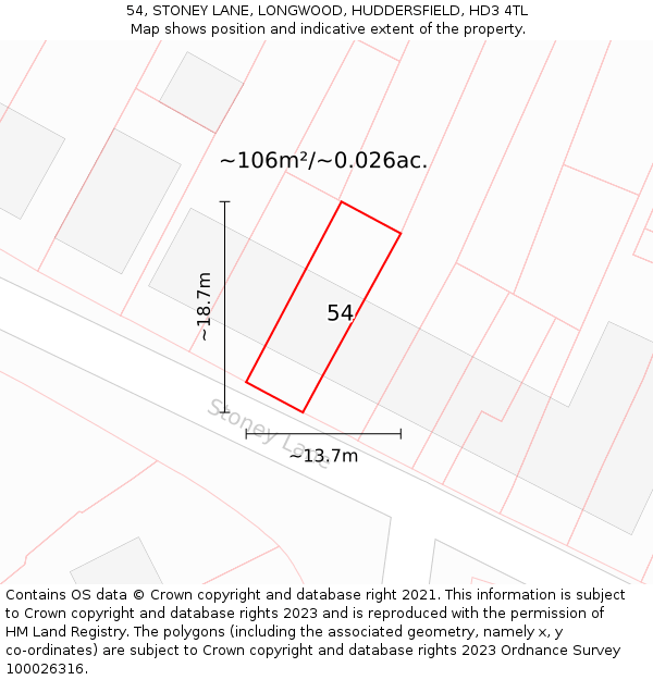 54, STONEY LANE, LONGWOOD, HUDDERSFIELD, HD3 4TL: Plot and title map