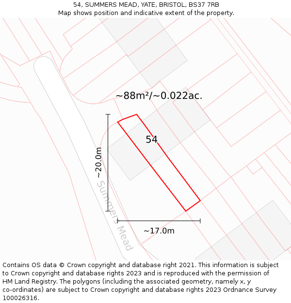 54, SUMMERS MEAD, YATE, BRISTOL, BS37 7RB: Plot and title map
