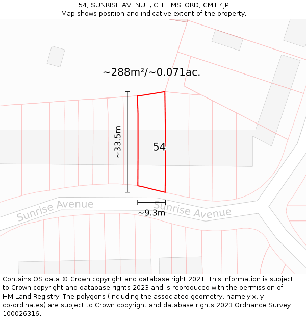 54, SUNRISE AVENUE, CHELMSFORD, CM1 4JP: Plot and title map