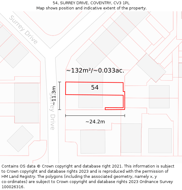 54, SURREY DRIVE, COVENTRY, CV3 1PL: Plot and title map