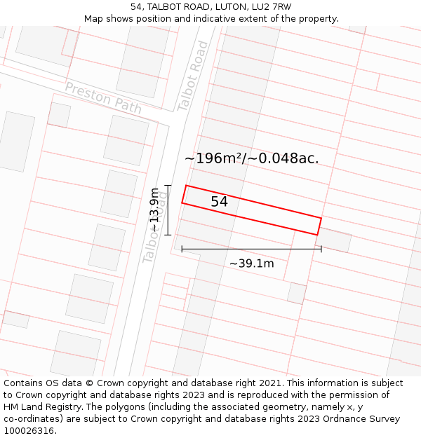 54, TALBOT ROAD, LUTON, LU2 7RW: Plot and title map