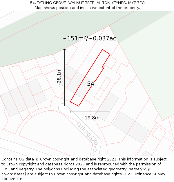54, TATLING GROVE, WALNUT TREE, MILTON KEYNES, MK7 7EQ: Plot and title map