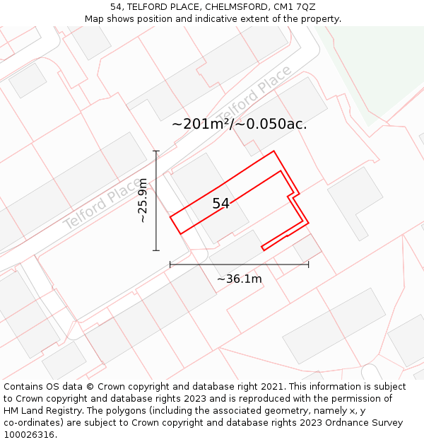 54, TELFORD PLACE, CHELMSFORD, CM1 7QZ: Plot and title map