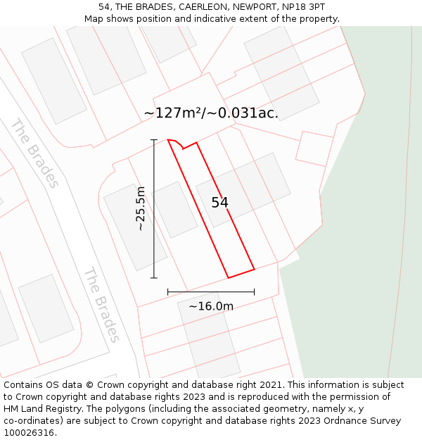 54, THE BRADES, CAERLEON, NEWPORT, NP18 3PT: Plot and title map