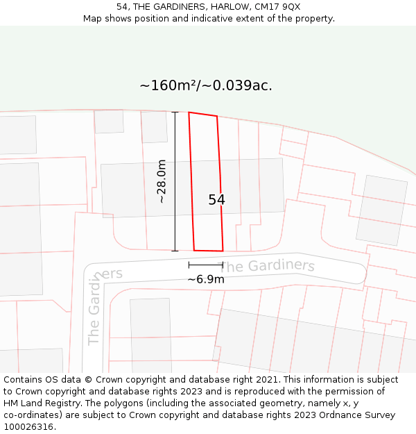 54, THE GARDINERS, HARLOW, CM17 9QX: Plot and title map