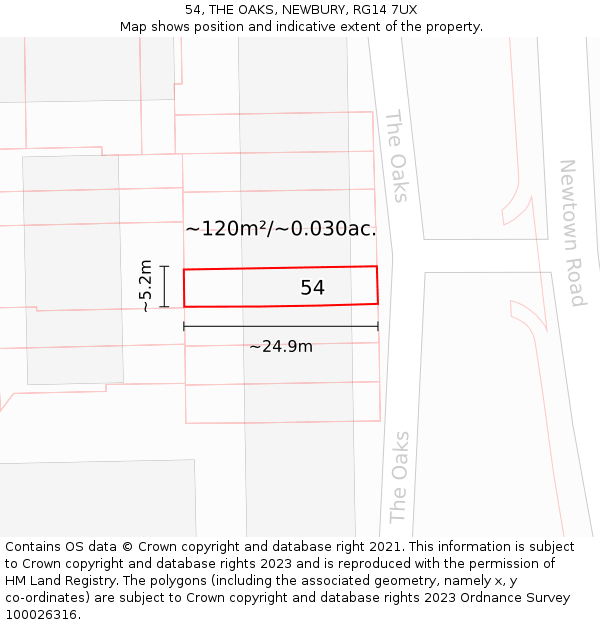 54, THE OAKS, NEWBURY, RG14 7UX: Plot and title map