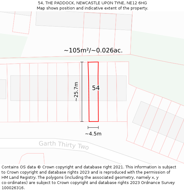 54, THE PADDOCK, NEWCASTLE UPON TYNE, NE12 6HG: Plot and title map