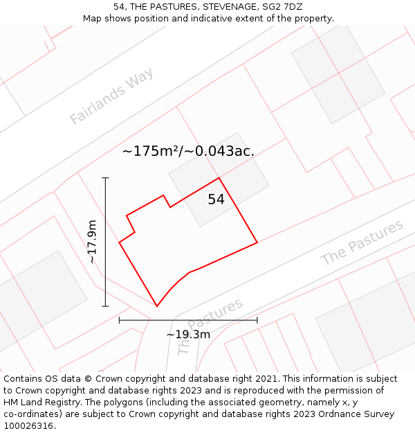 54, THE PASTURES, STEVENAGE, SG2 7DZ: Plot and title map