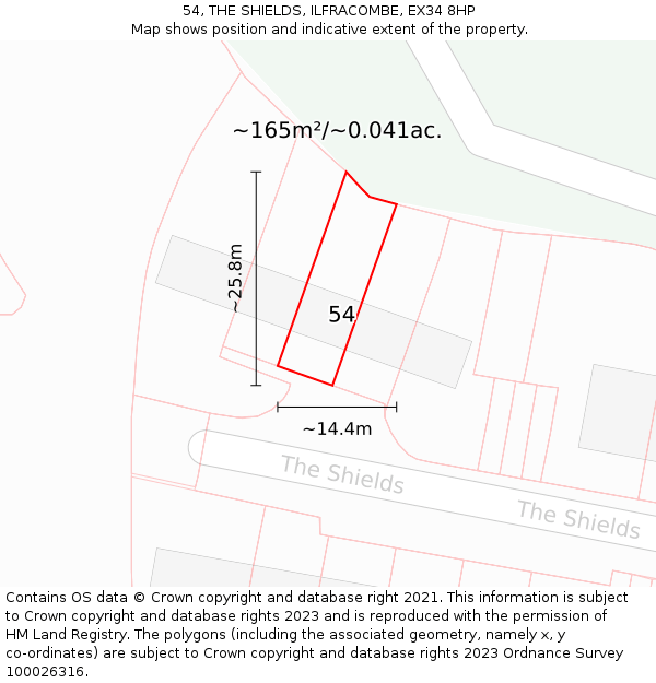 54, THE SHIELDS, ILFRACOMBE, EX34 8HP: Plot and title map